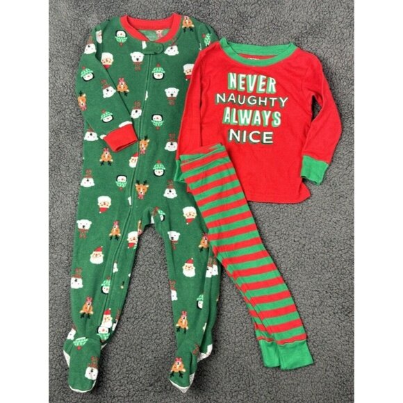 2 Boy’s 18 M Carter's Reindeer Santa Claus Nice Red Green Pajamas Christmas 18m - Picture 2 of 11